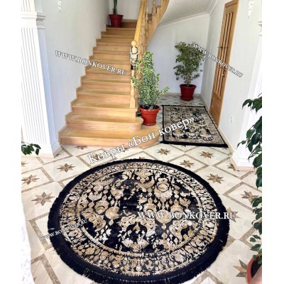 Современный Турецкий Ковер Дизайн 30665 Черный с Золотым Круг